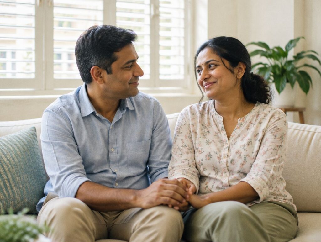 Couple holding hands and smiling at each other during relationship therapy